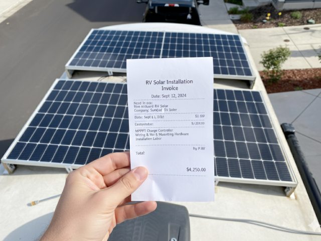 Solar power setup receipt on an RV
